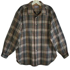 Pendleton 100% Wool Plaid Shirt Brown Green Orange Earth Tones Classic Fit XL